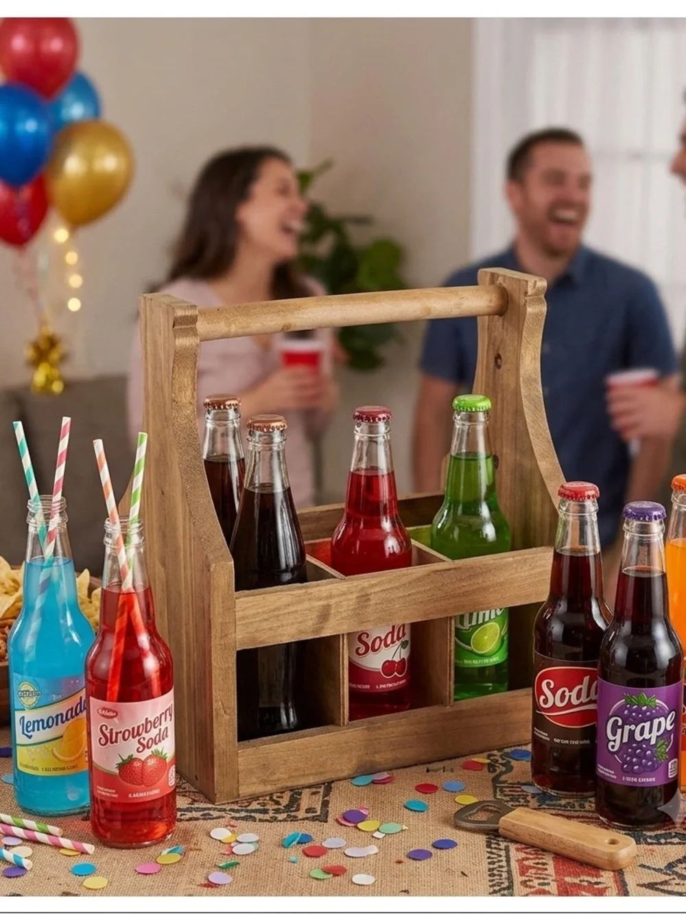 Wooden Rustic Farmhouse Bottle Caddy, 6 Slots for Bottles/Cans, Built-In Bottle